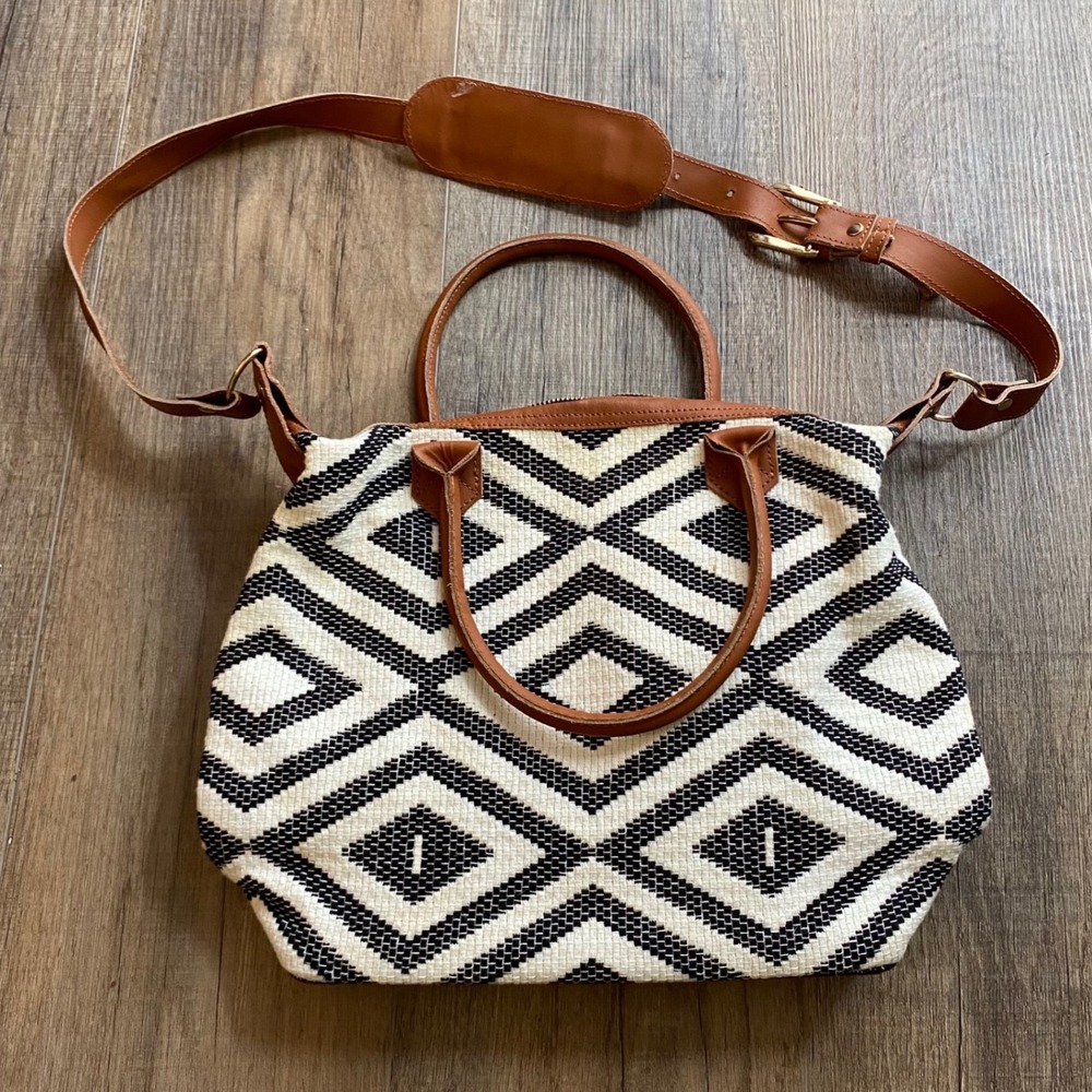 Tribe Alive Black White Geometric Woven Leather Crossbody Satchel Bag